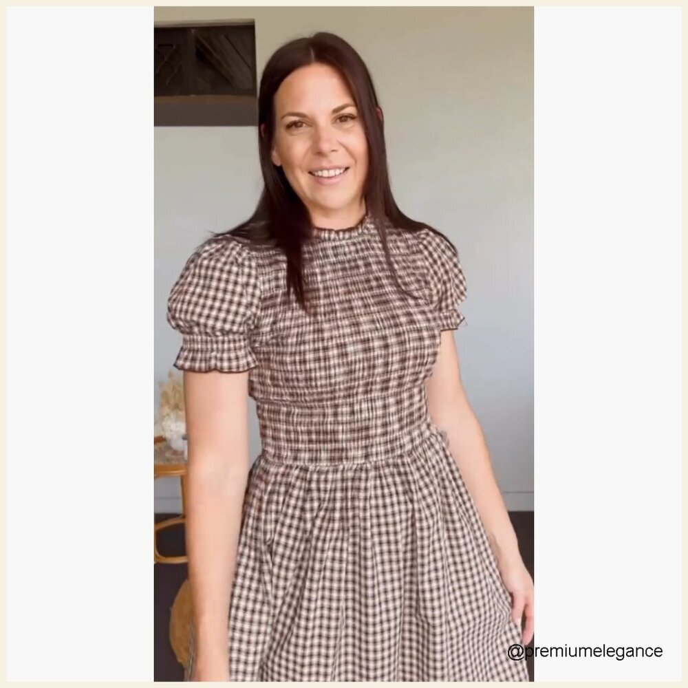 Women's Cotton Smocked Midi Dress with Puff Sleeves, Flowy A-Line - Picture 7 of 7